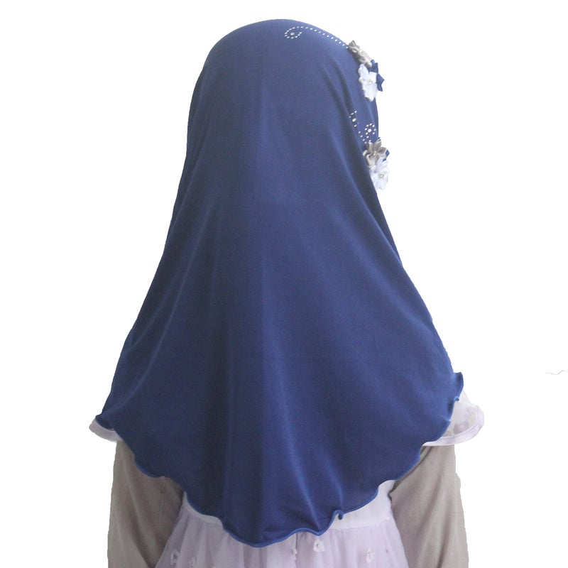 Modest Beauty girls Muslim Islamic Scarf Hijab Handmade flower lovely Rhinestone Headscarf for Kids Blue - Image 1